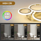 Ceiling light fixture with CRI 90+ rating and indoor setting comparison.